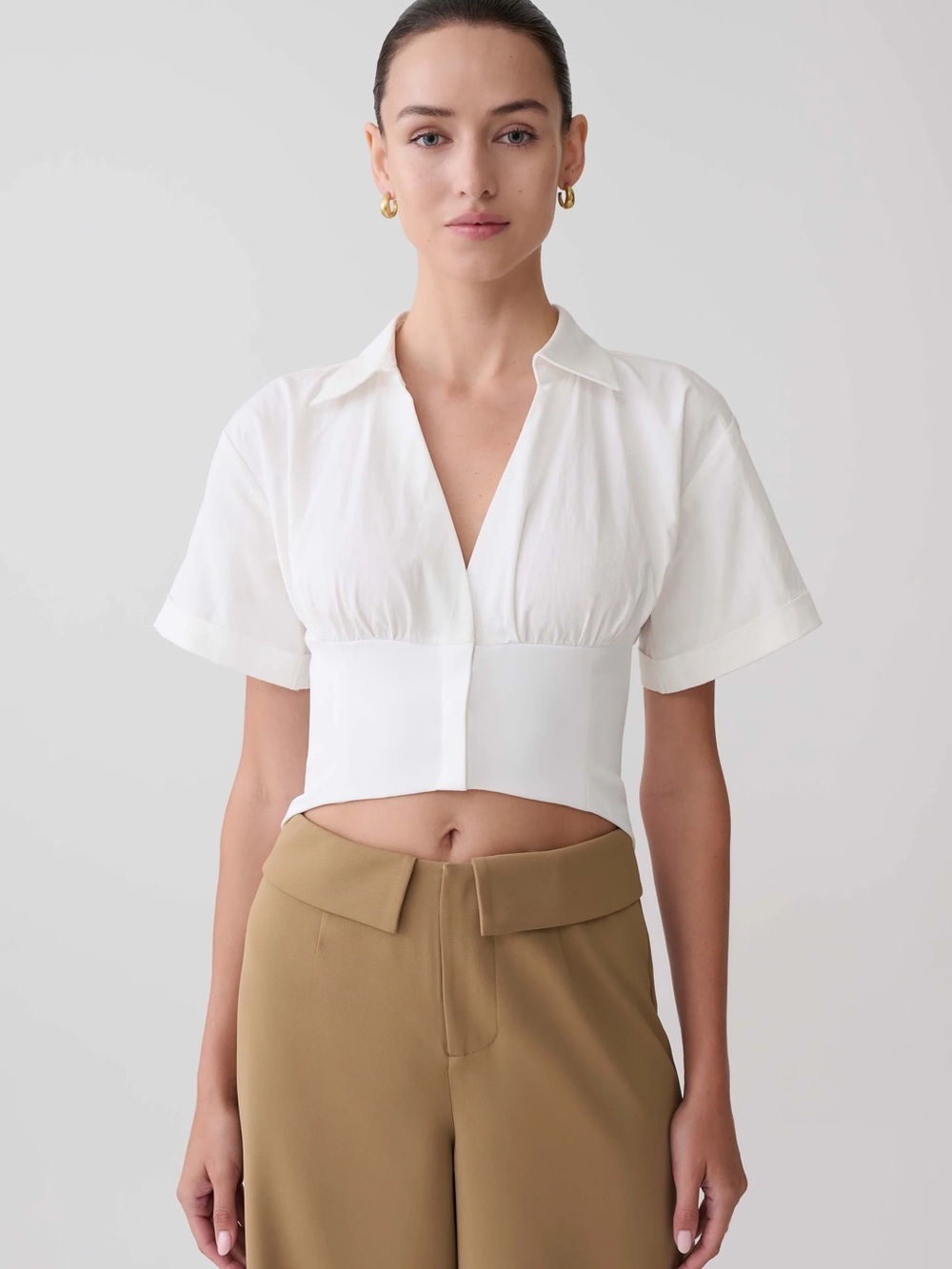 Meshki White Cropped V-Neck Shirt - Women Tops